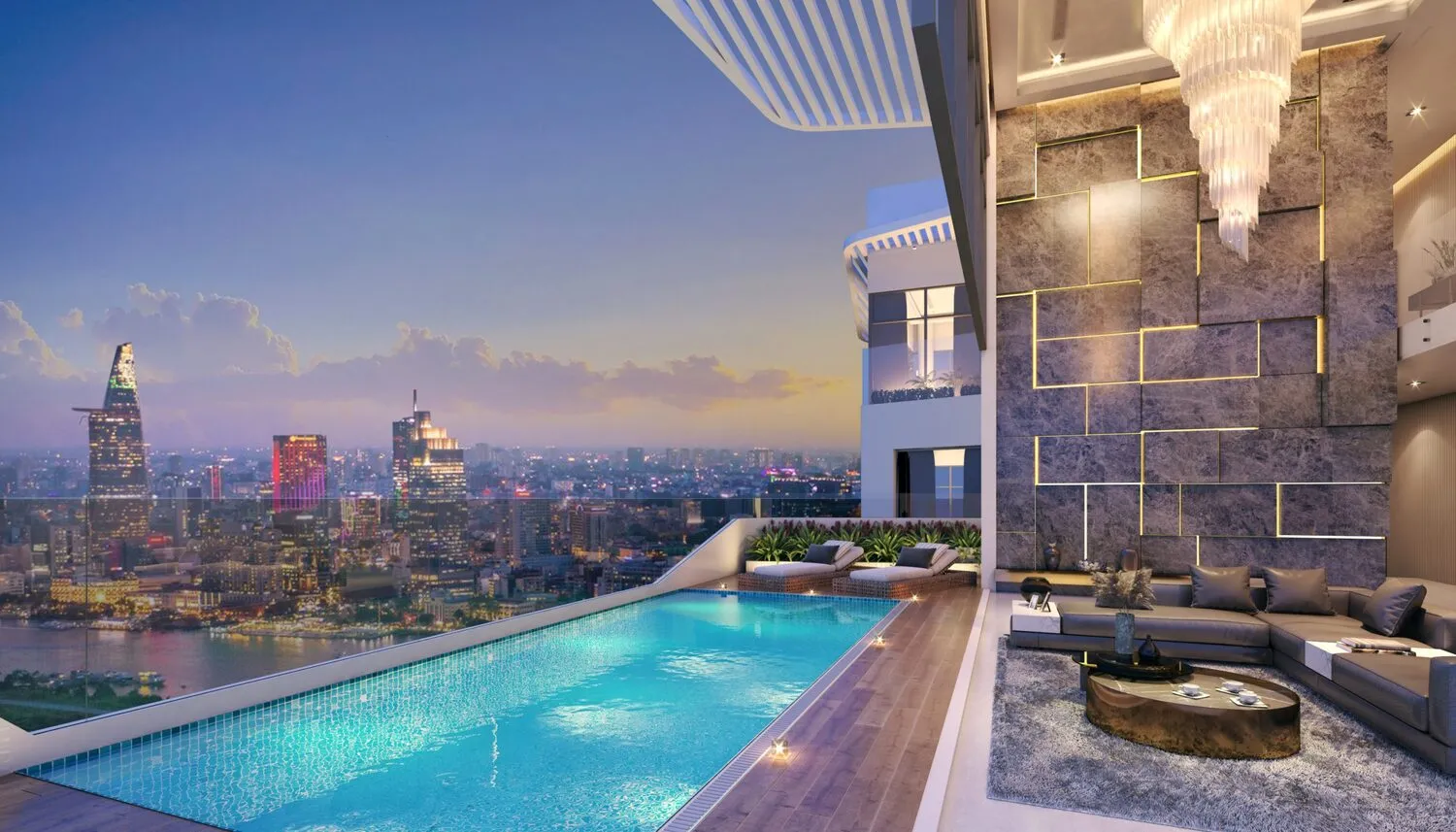 Hồ bơi trên cao tại căn penthouse Suro Collection Saigon nhìn về trung tâm TP.HCM