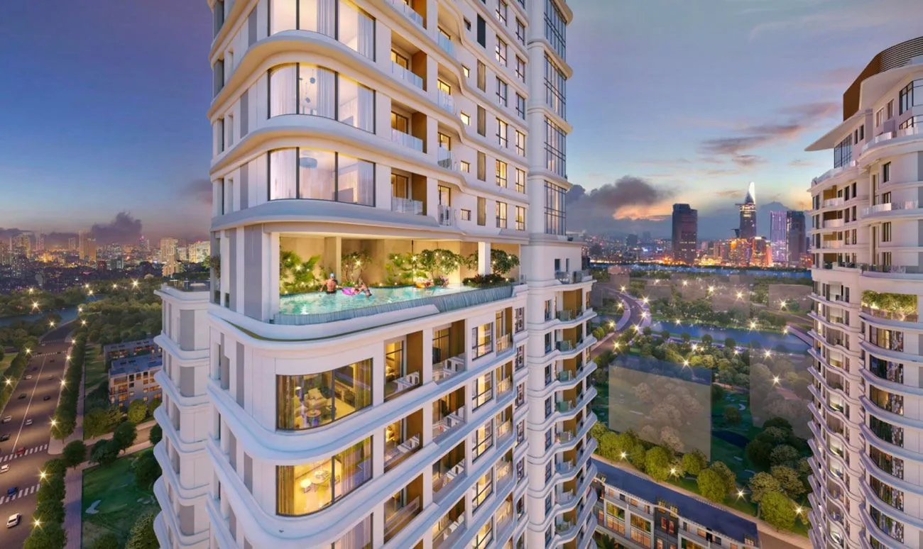Phối cảnh tháp căn hộ và hồ bơi trên cao Suro Collection Saigon